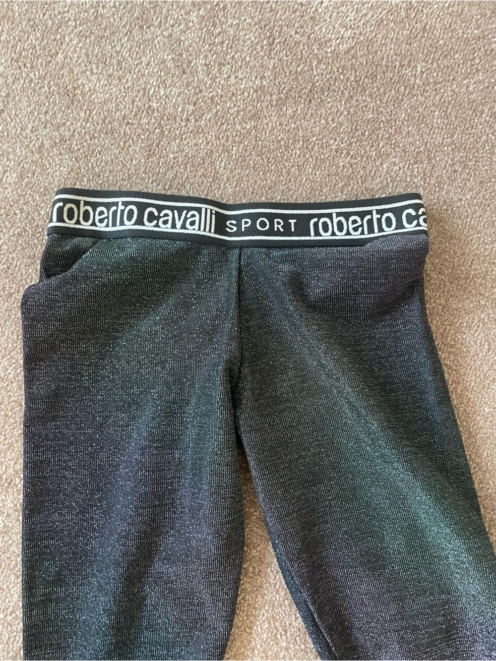 Roberto Cavalli women’s black sparkleLeggings with Logo Waistband